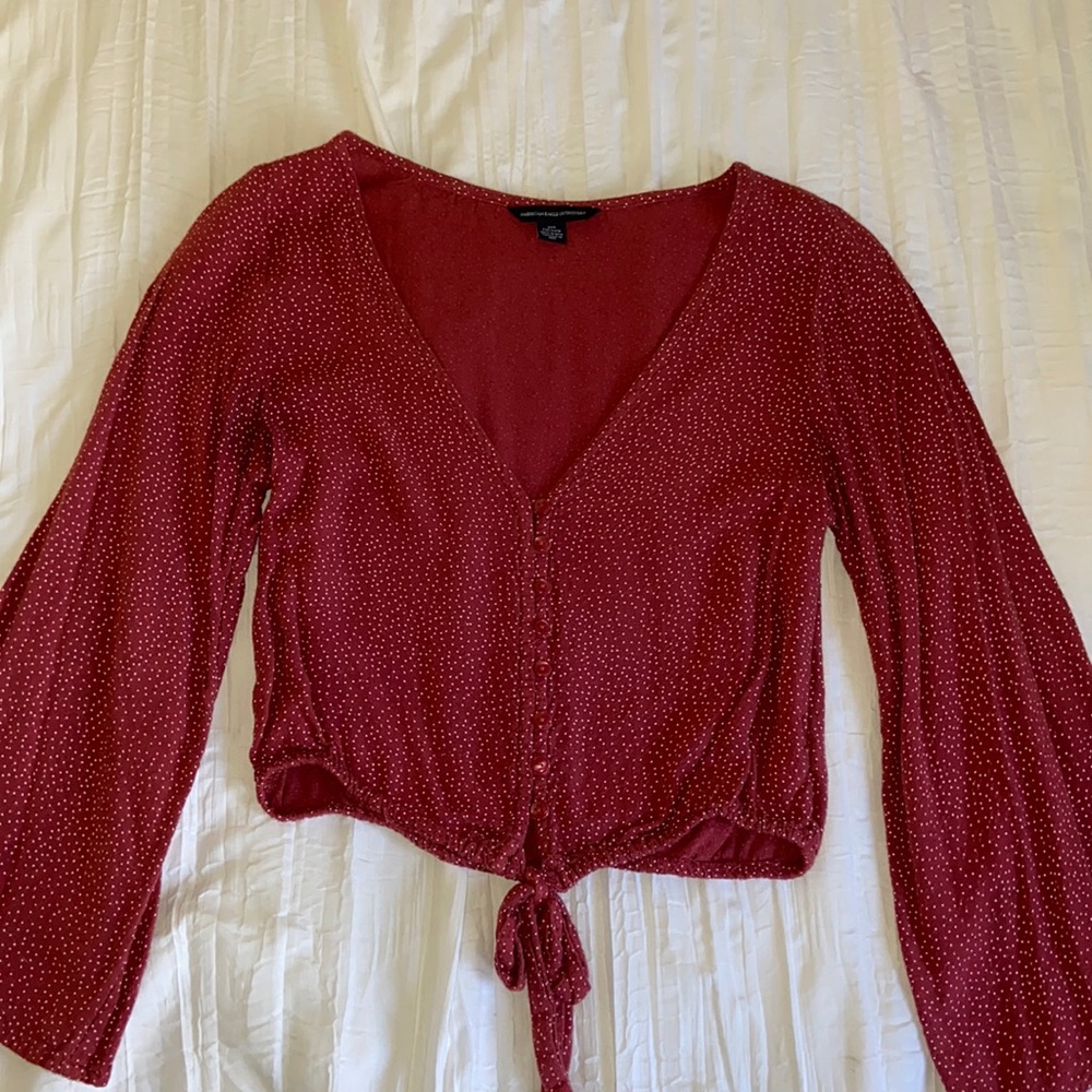 Polka dot button down tie top flare sleeves